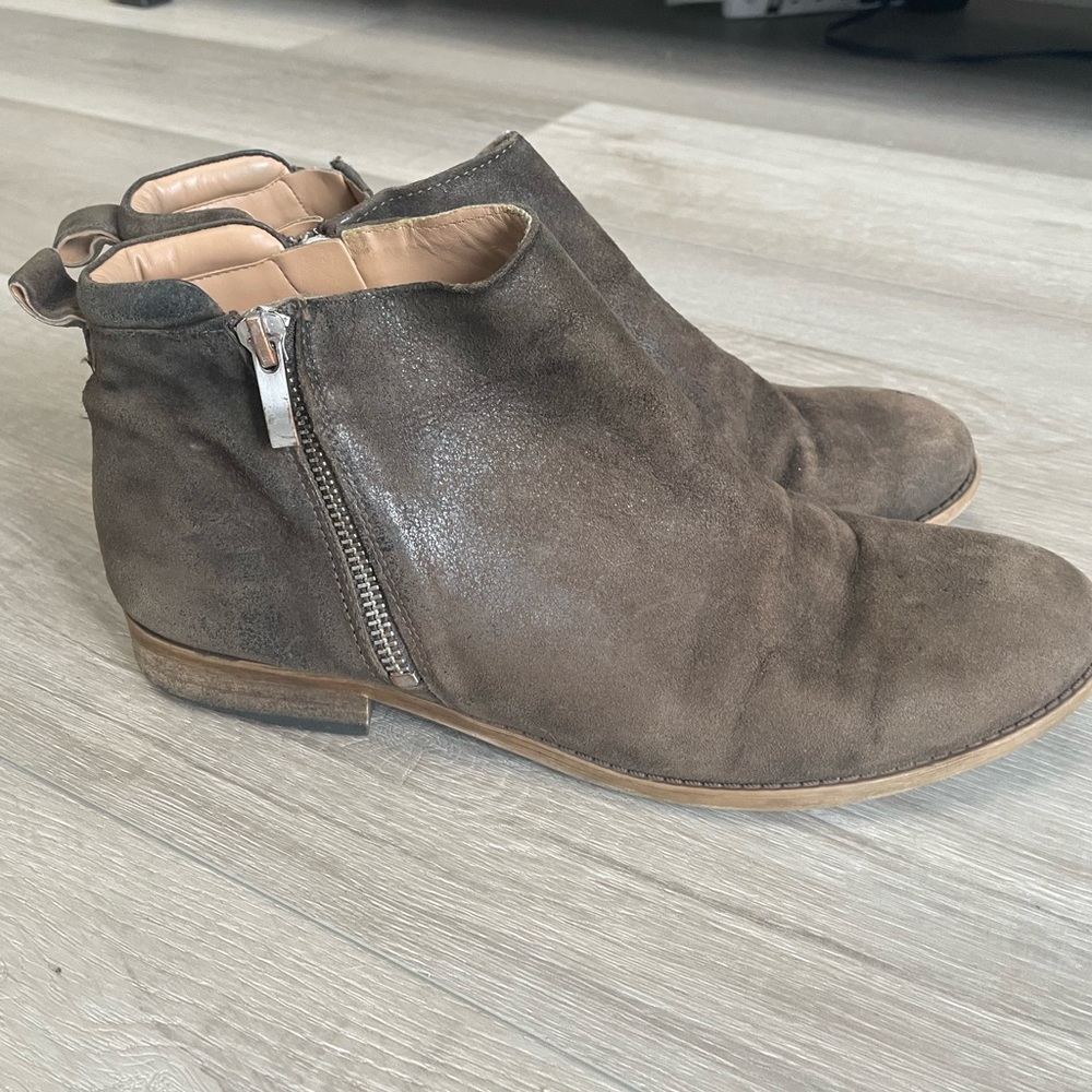 Brown suede ankle boots with silver zippers on each side and a short heel